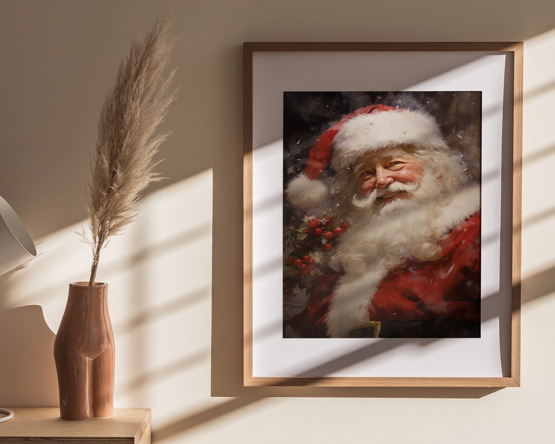 Laughing Santa Claus with Holly Berries Vintage Snowy Christmas Painting Poster - Image 4