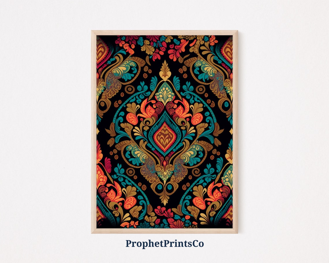 Ornate Damask Paisley Floral Pattern Vibrant Boho Art Poster