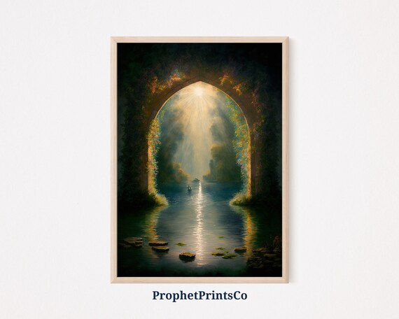 Mystical Enchanted Vine Covered Stone Arch Over Sunlit Lake Poster