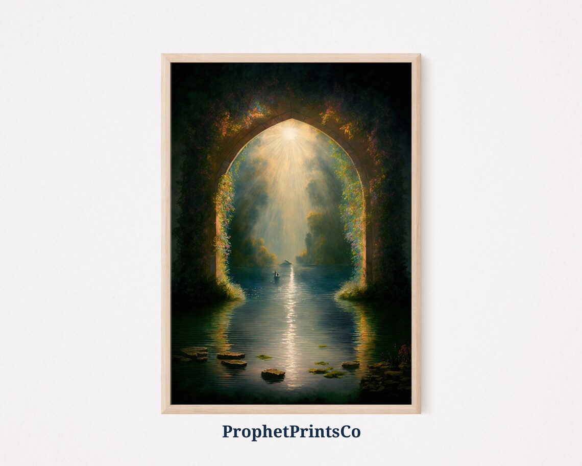 Mystical Enchanted Vine Covered Stone Arch Over Sunlit Lake Poster
