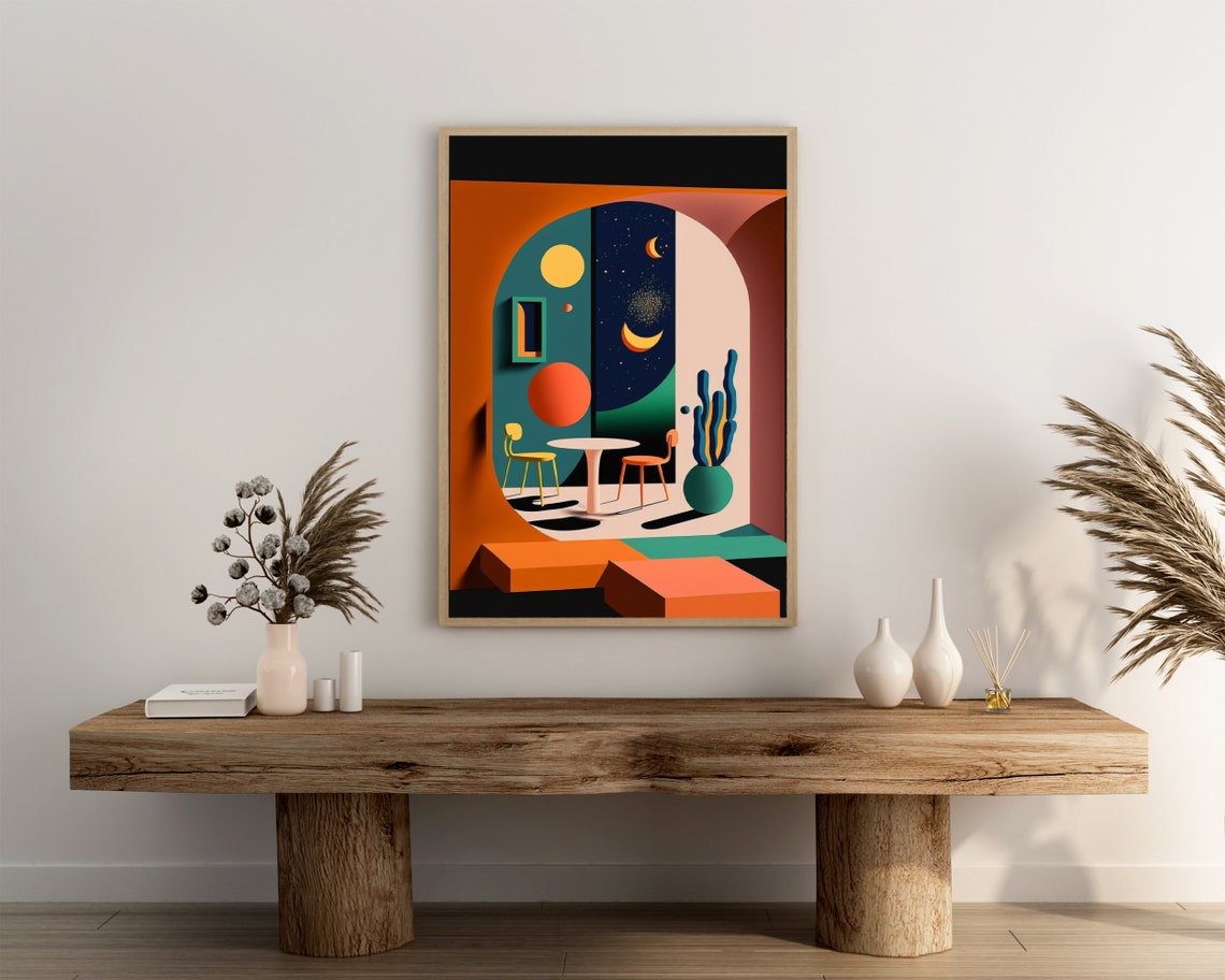 Retro 80s Interior Poster Abstract Suns Moons and Cactus Teal Design - Image 3