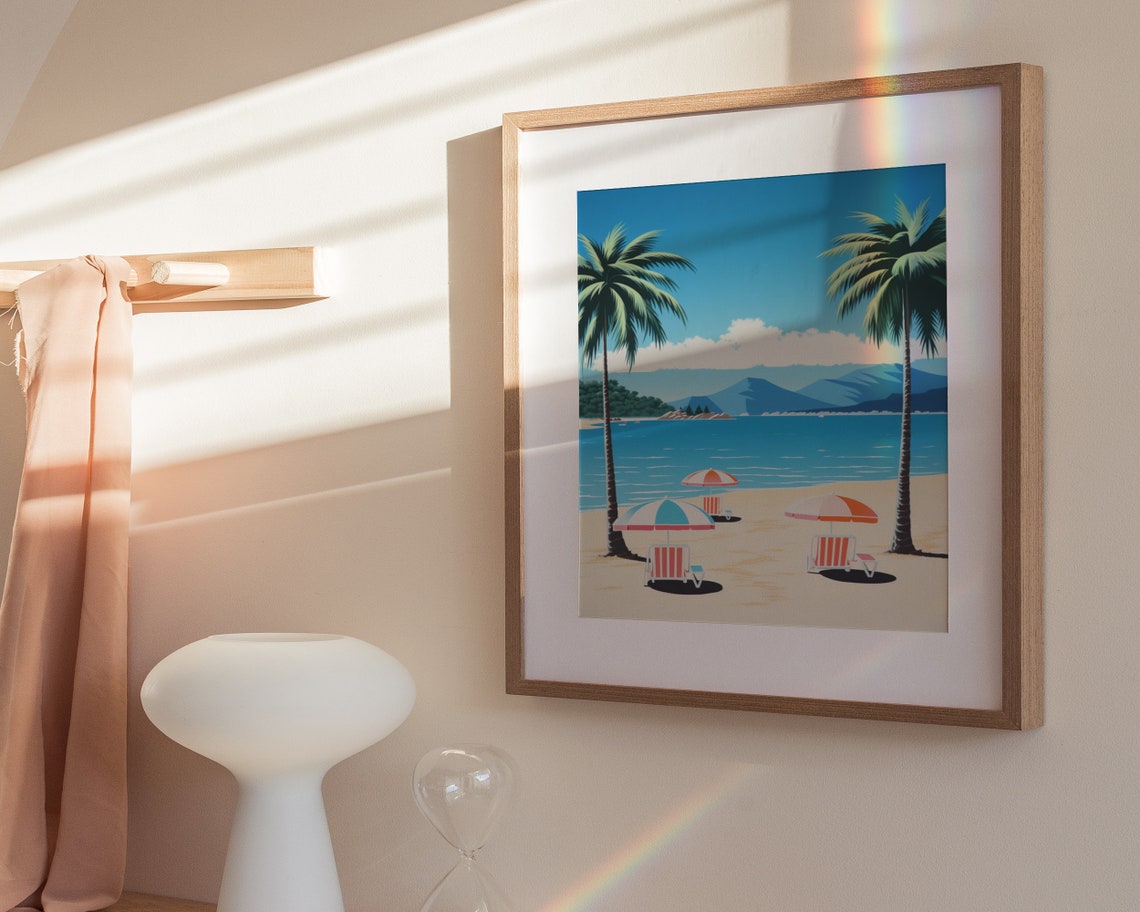 Retro Tropical Beach Palm Trees Umbrellas Blue Ocean Travel Poster - Image 3