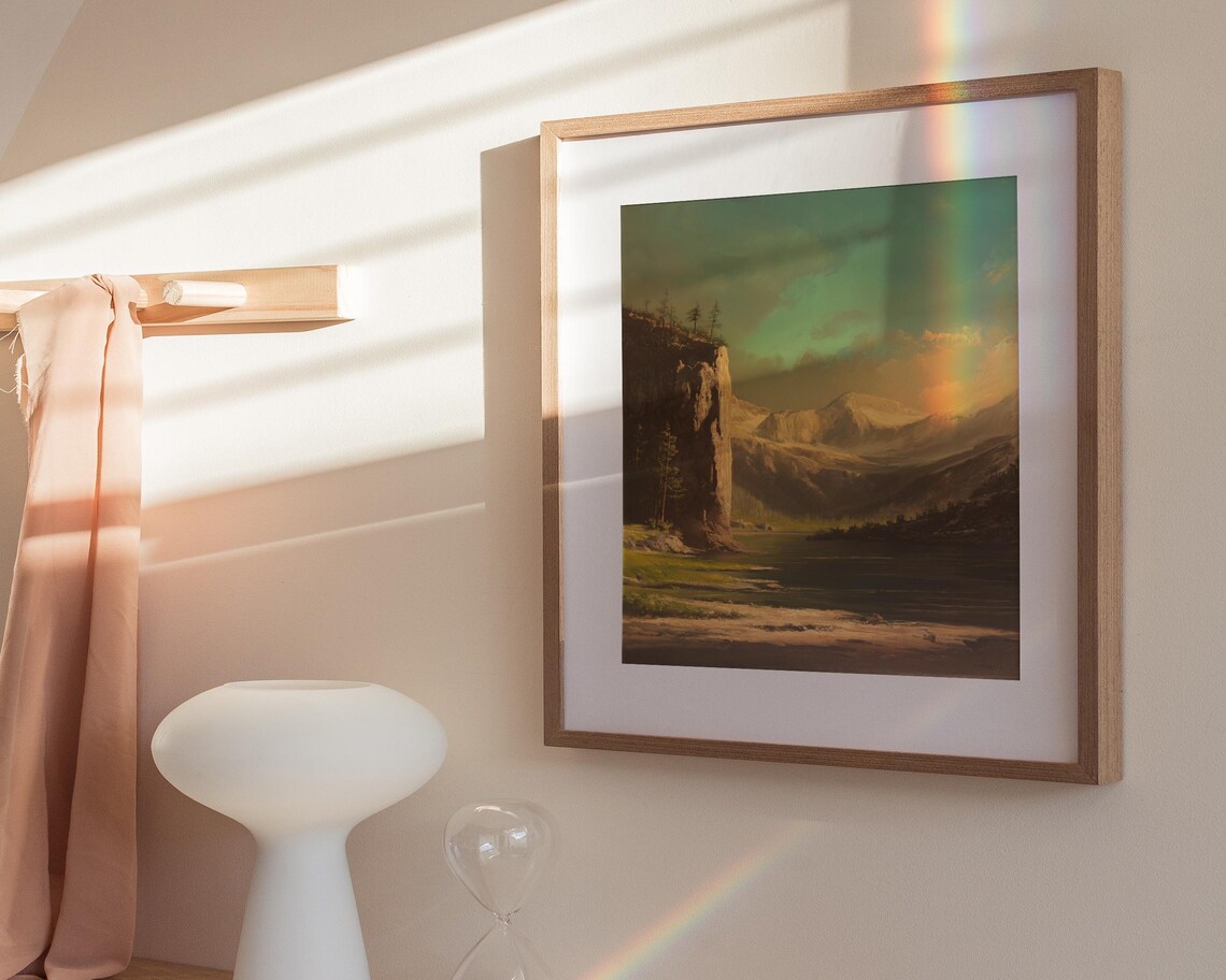 Mountain Cliff Lake Golden Light Vintage Style Scenic Landscape Poster - Image 4