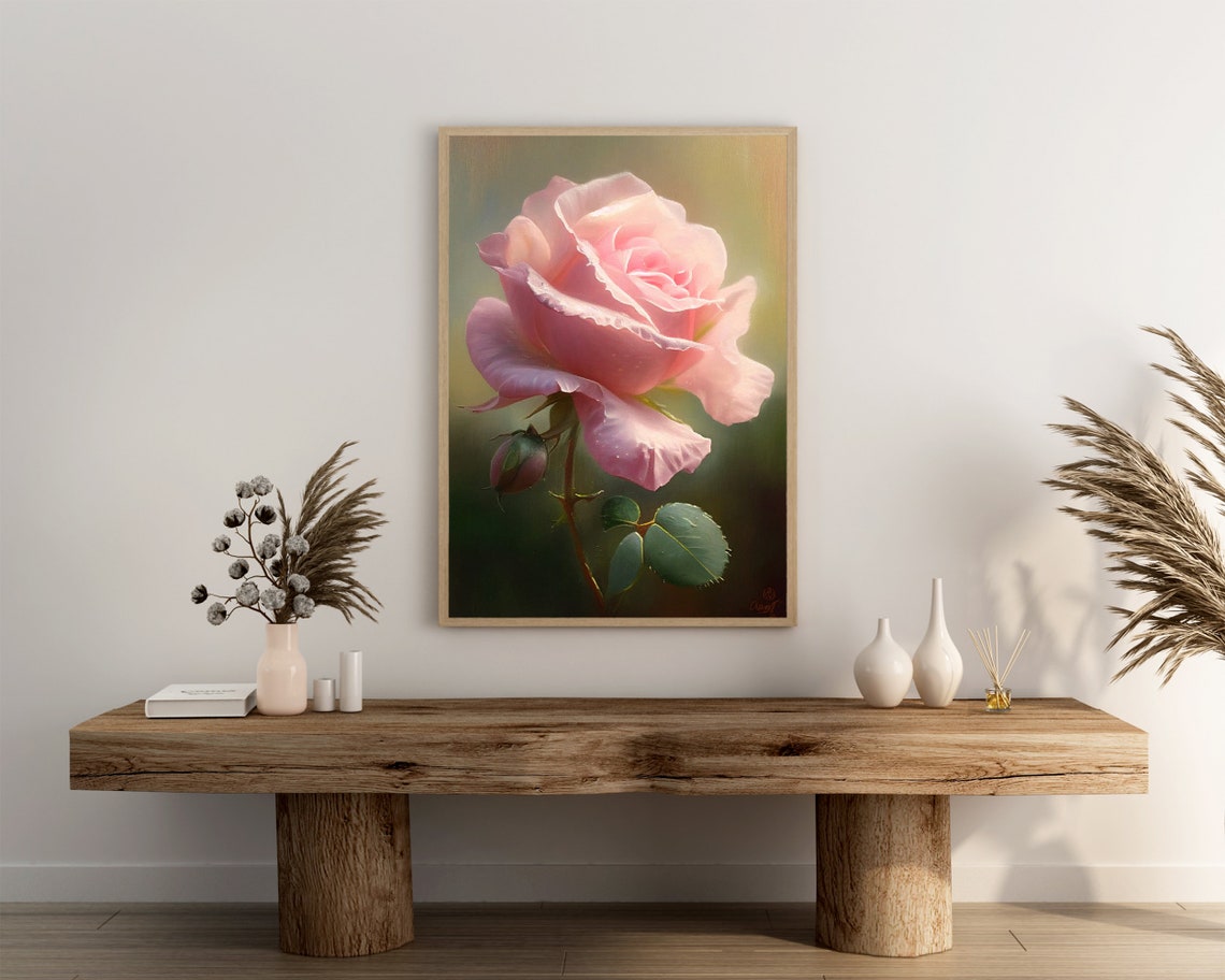 Blushing Pink Rose Bloom Oil Painting Soft Botanical Flower Art Poster - Image 3