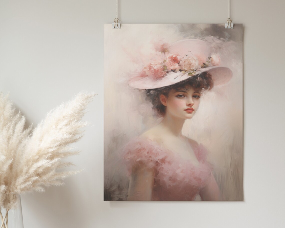 Lady in Pink Floral Hat Blush Tulle Pastel Portrait Painting Poster - Image 2