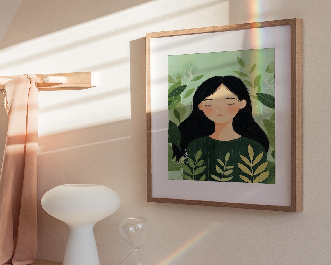 Serene Girl With Green Leaves Botanical Portrait Calm Nature Poster - Image 4