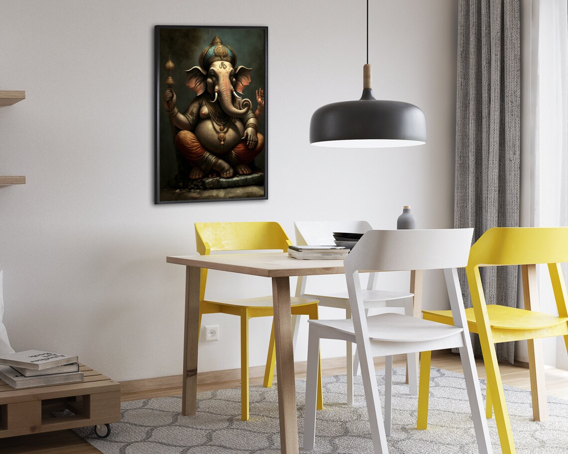 Lord Ganesh Oil Painting Dark Seated Elephant God Hindu Art Poster - Image 2