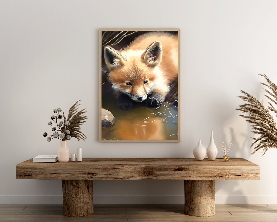 Sweet Baby Fox Kit Resting Beside the Water Oil Painting Poster - Image 3