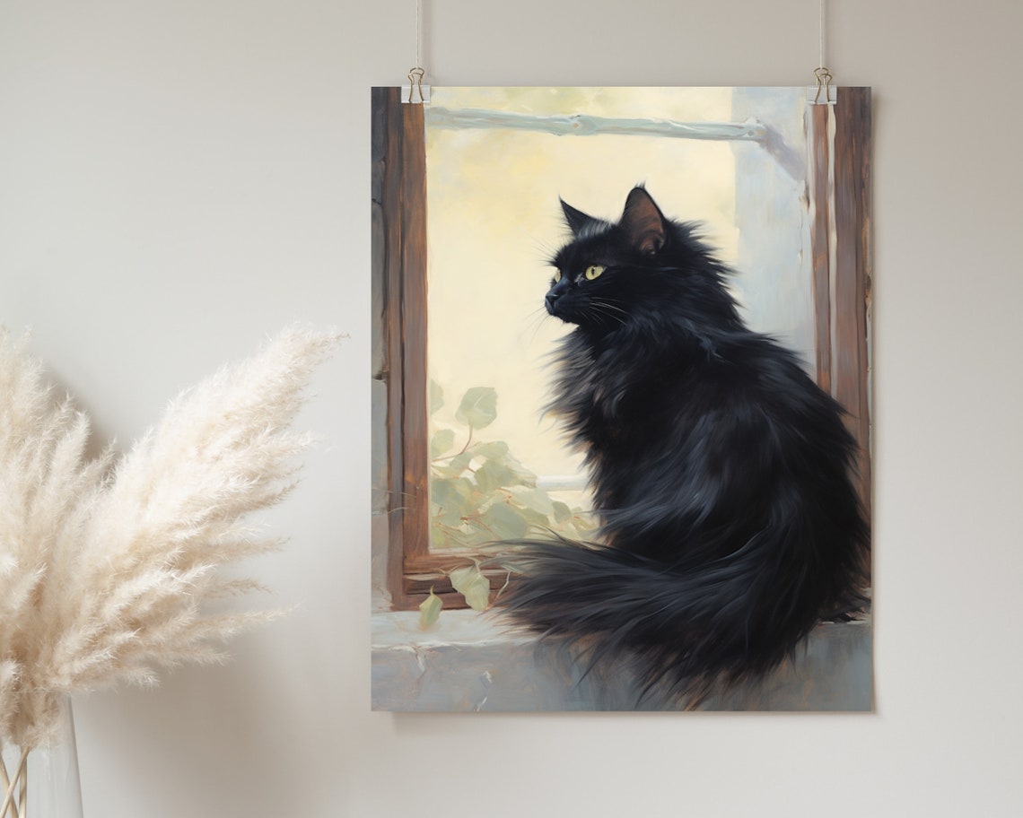 Black Cat On Windowsill Oil Painting Moody Cat Portrait Poster - Image 2