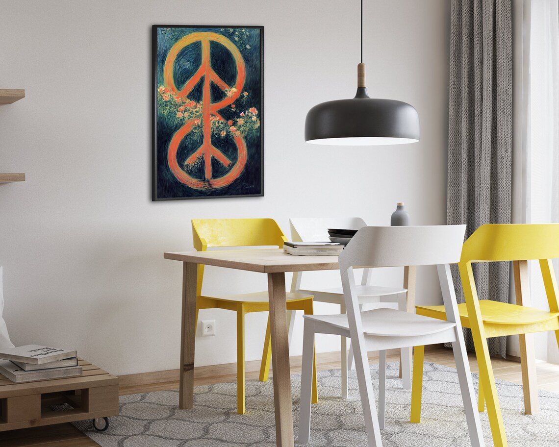 Fiery Orange Peace Sign Blooming Flowers Dark Night Oil Art Poster - Image 2