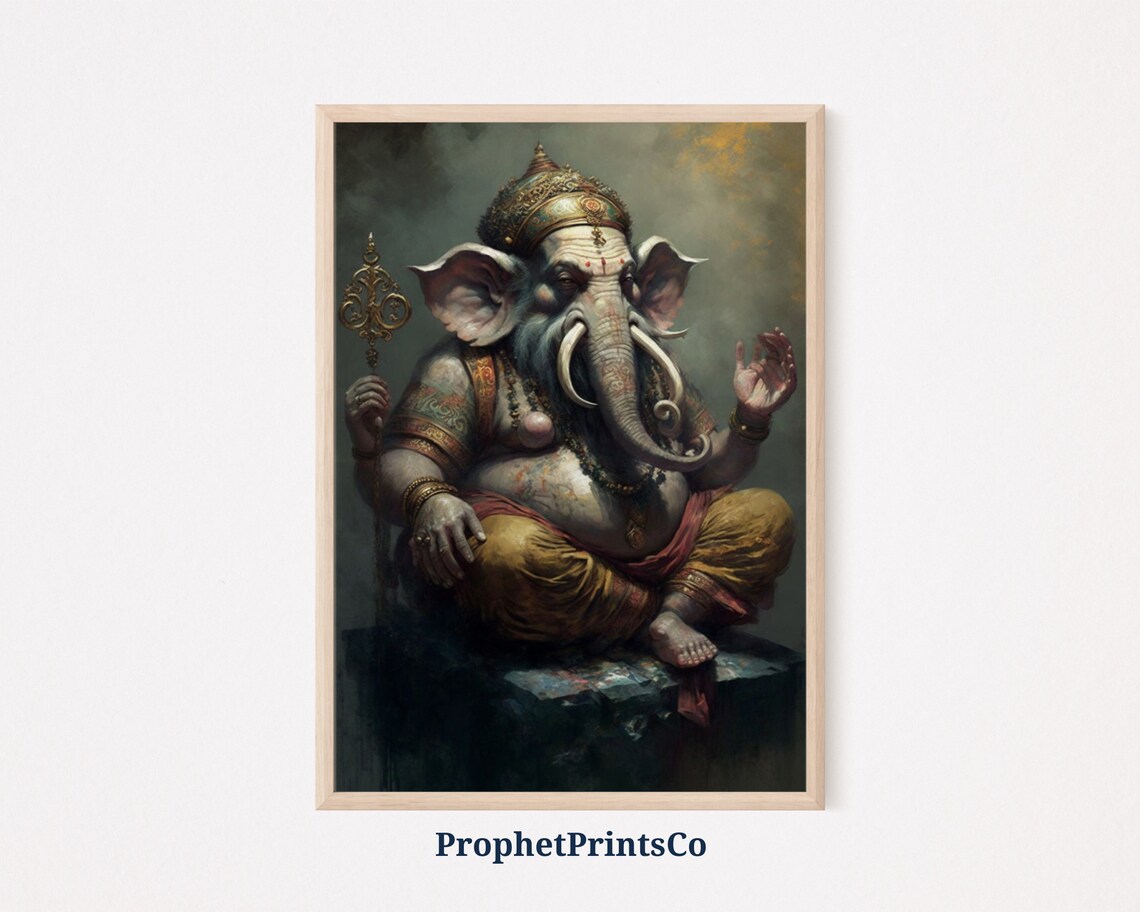 Ganesha Seated With Golden Staff in Ornate Robes Oil Painting Poster
