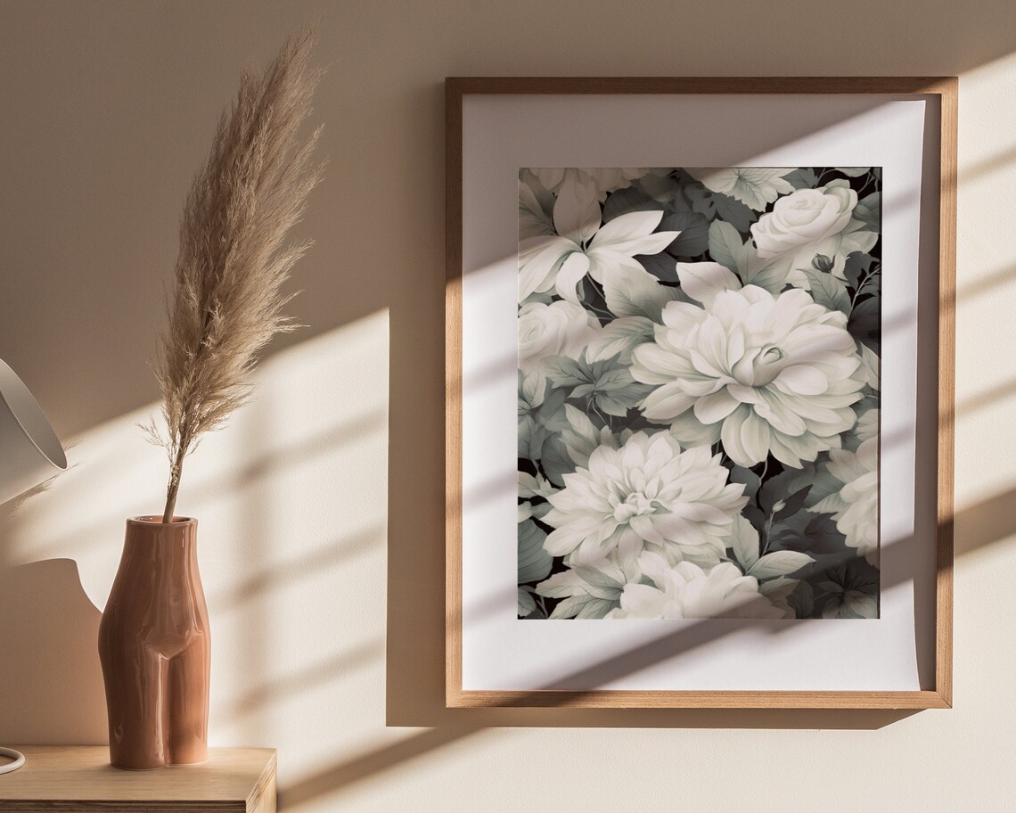 Soft White Dahlia Blooms Monochrome Floral Painting Art Poster - Image 4
