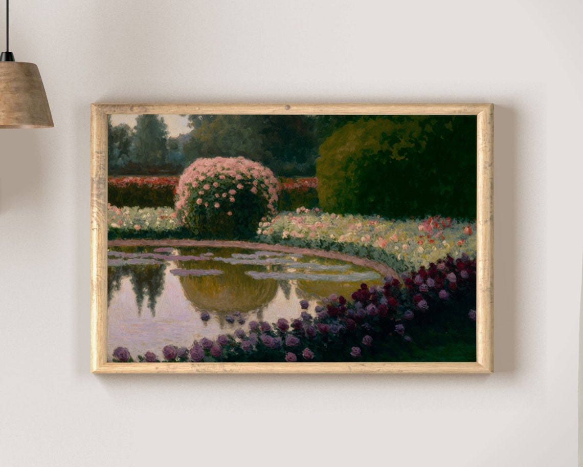 Muted Rose Garden With Reflecting Pond Impressionist Art Poster - Image 2