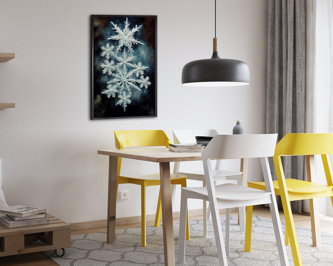 Macro Snowflakes on Dark Winter Night Oil Painting Snow Art Poster - Image 2