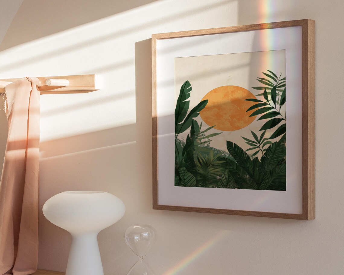 Tropical Sunset Jungle Leaves Orange Sun Modern Nature Poster - Image 3