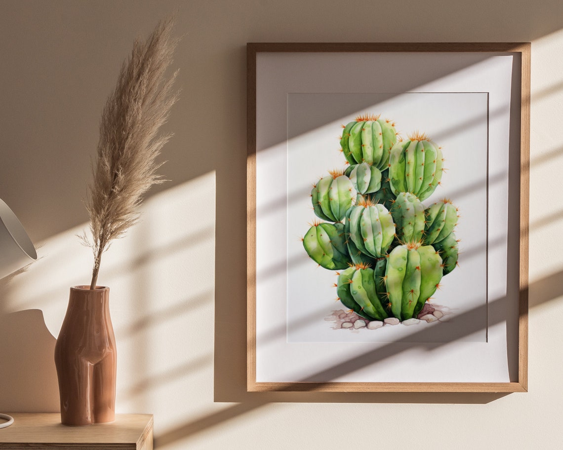 Green Barrel Cactus Cluster Watercolor Southwestern Art Poster - Image 4