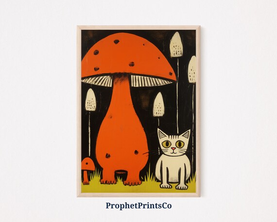 White Cat Beside Giant Orange Mushroom Retro Style Art Poster