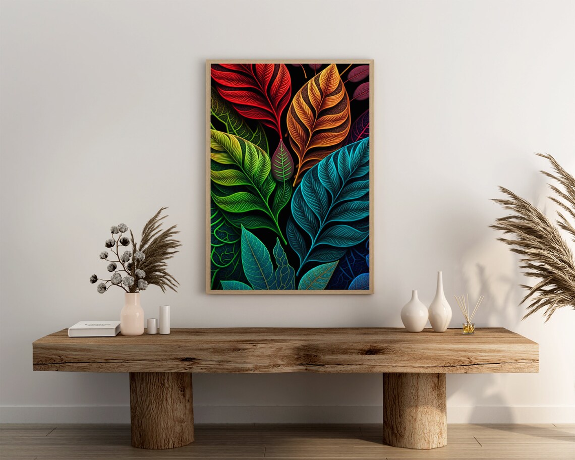 Colorful Vibrant Neon Tropical Leaves on Black Botanical Art Poster - Image 3