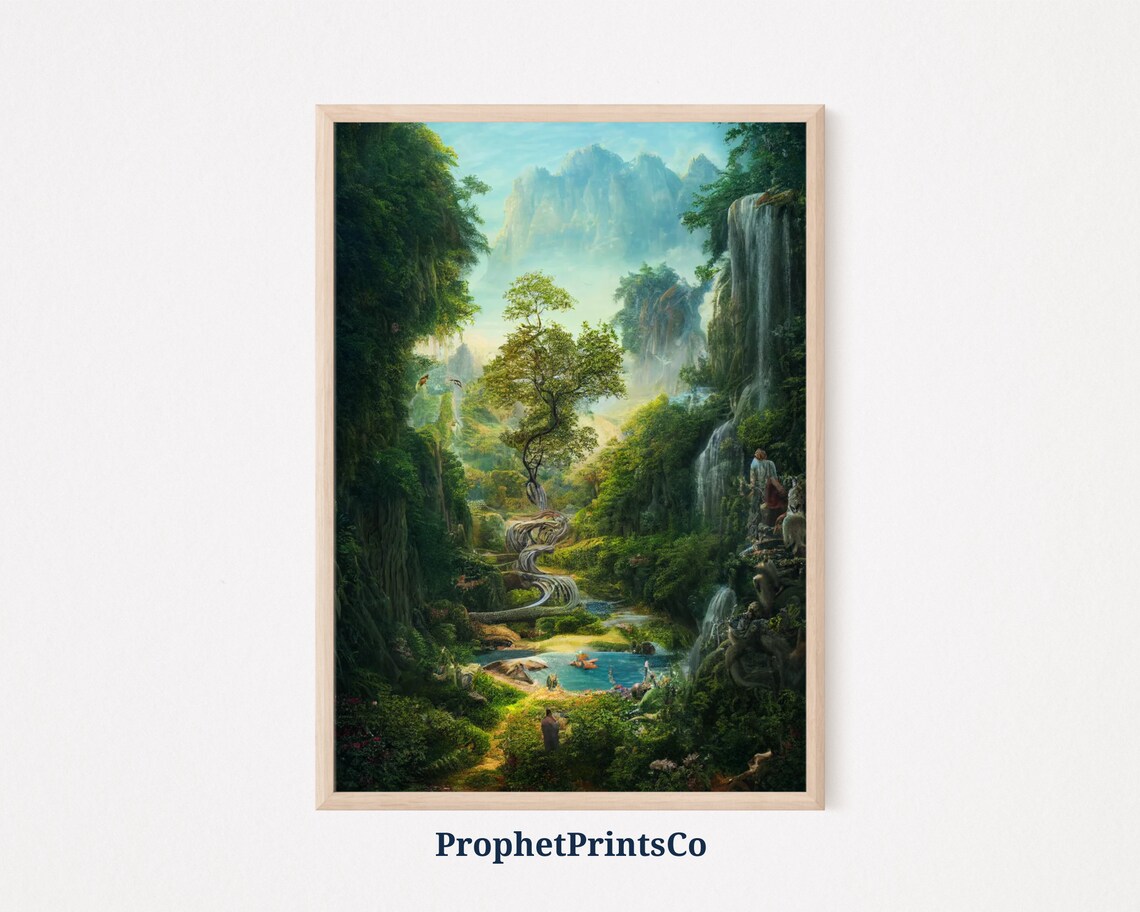 Lush Garden of Eden Paradise with Waterfalls Fantasy Art Poster