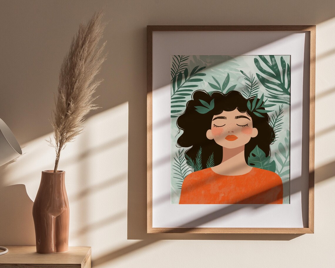 Floral Woman Portrait Curly Dark Hair Orange Top Leafy Poster - Image 4