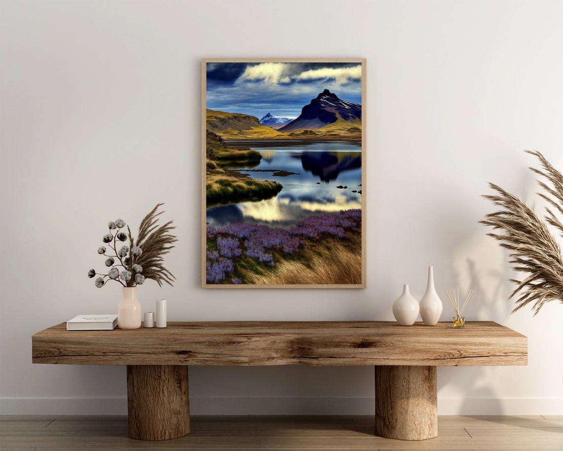 Snowy Peaks Reflected in a Still Lake With Purple Heather Art Poster - Image 3