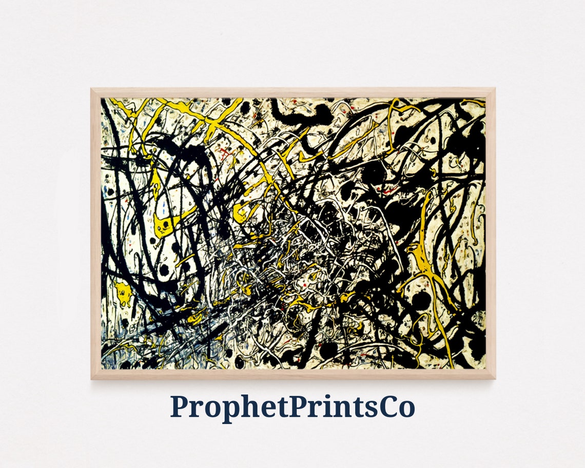 Jackson Pollock Style Abstract Drip Painting Yellow Black Poster