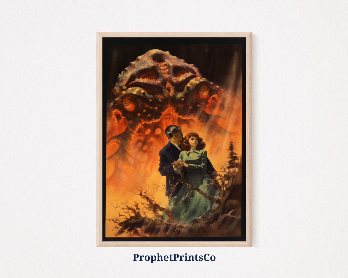 Retro Horror Movie Couple Fleeing Giant Fire Monster Art Poster
