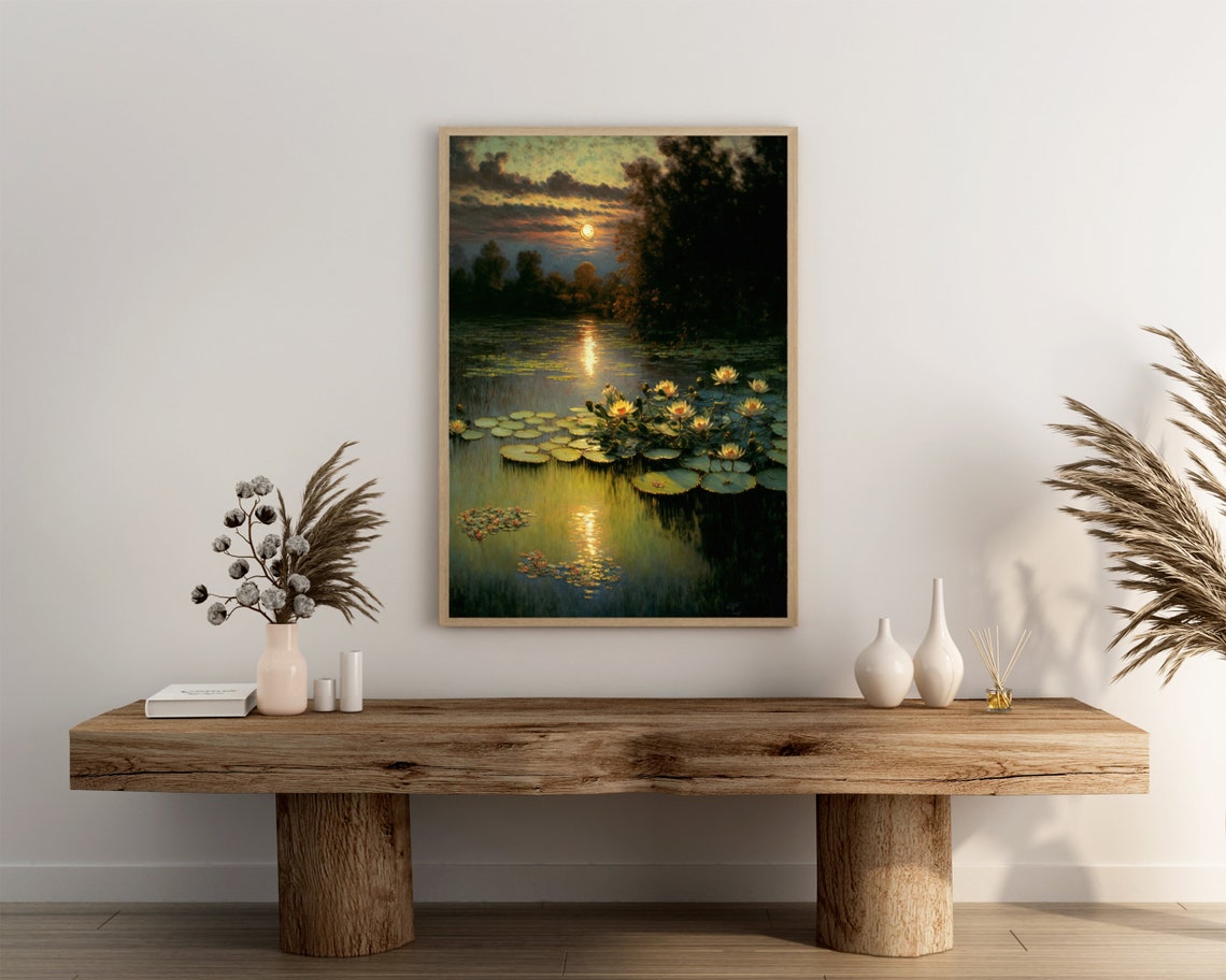Tranquil Water Lilies Blooming on Sunset Pond Golden Hour Poster - Image 3