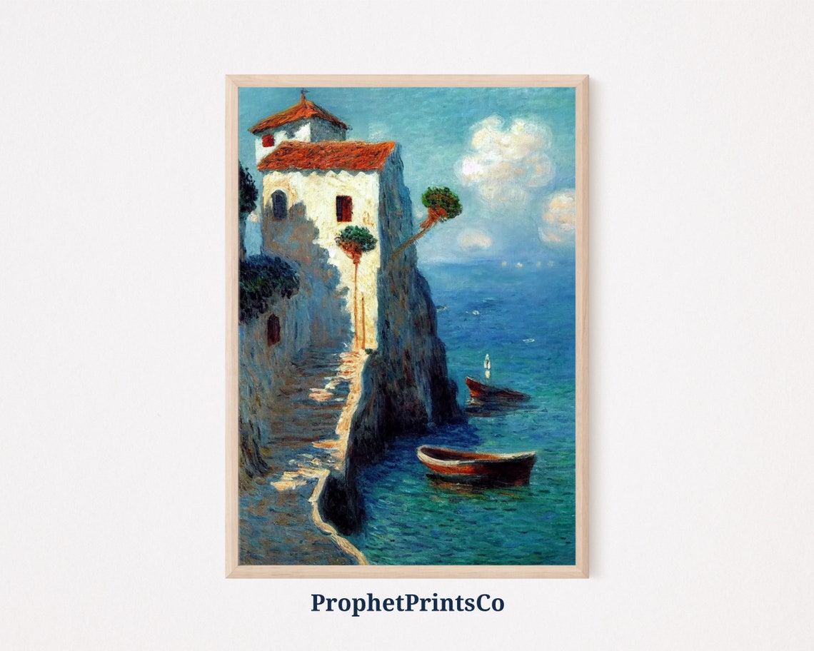 White Cliff Villa With Red Tile Roof Above Turquoise Sea Poster