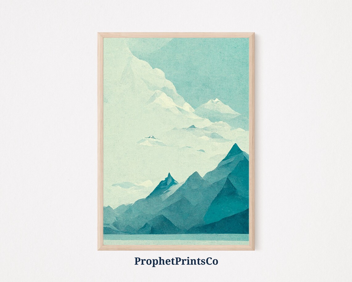 Teal Mountain Peaks Minimalist Watercolor Landscape Serene Poster