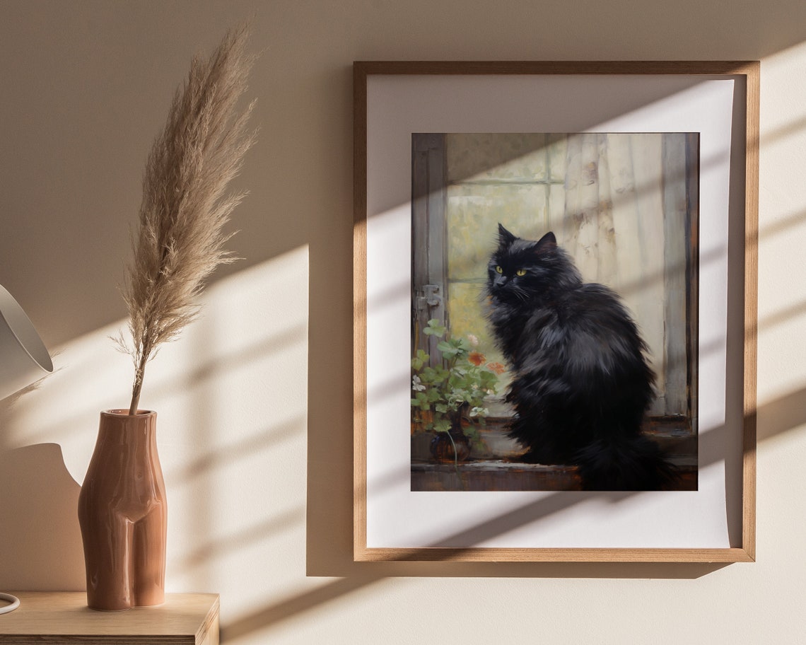 Black Cat Beside Bright Potted Flowers In Sunlit Window Art Poster - Image 4