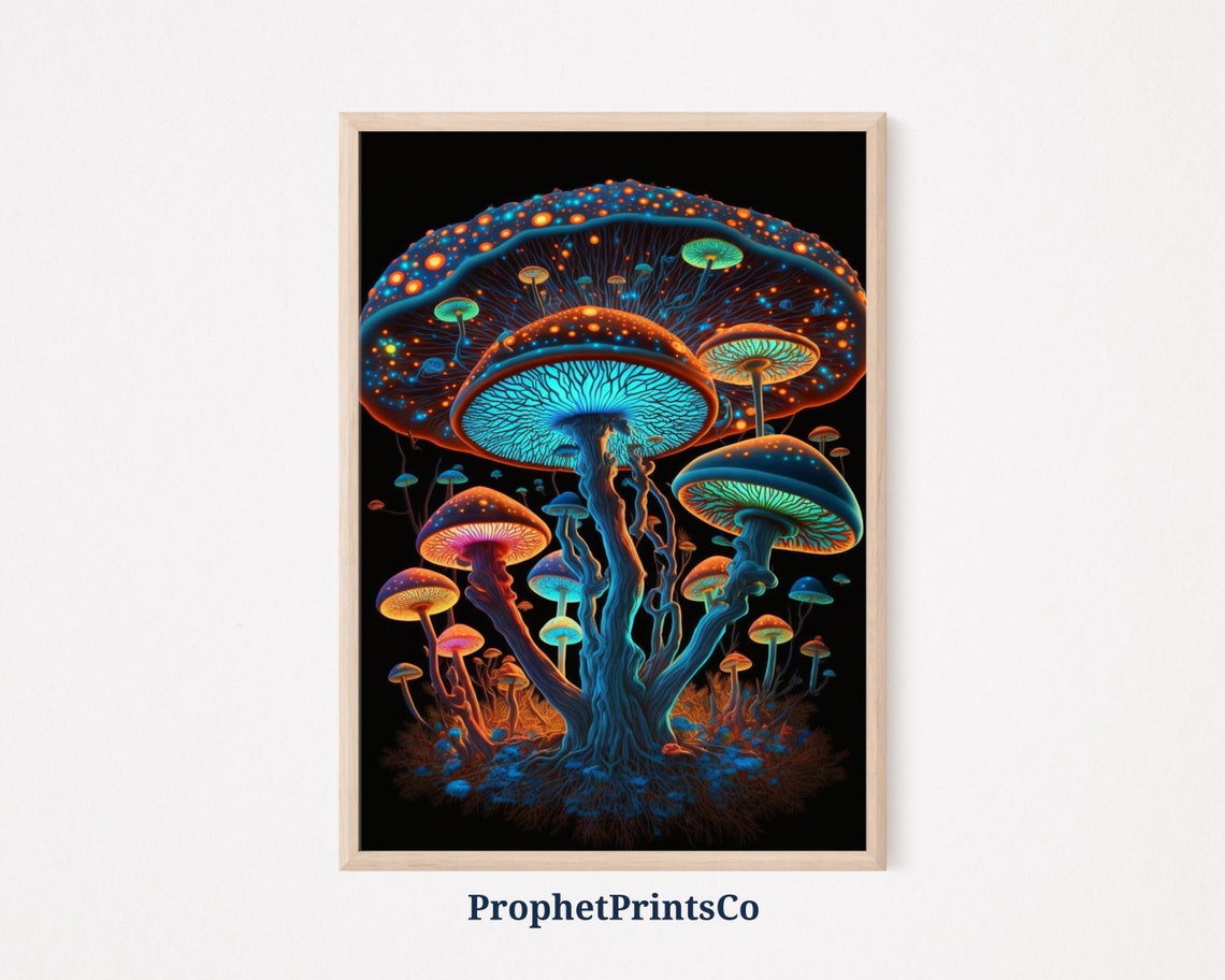 Neon Glowing Mushroom Cluster On Black Bioluminescent Art Poster