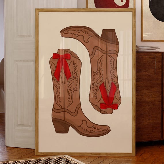 Cowboy Boots Print Retro Western Art With Red Bows