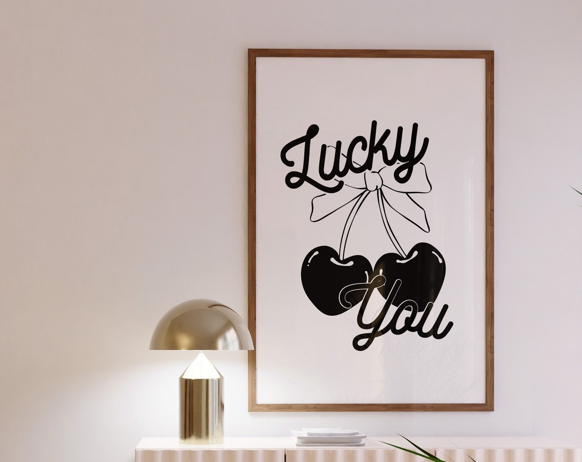 Lucky You Cherries Bow Script Black Retro Coquette Kitchen Wall Art