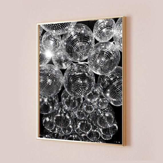 Disco Ball Poster Mirrorball Print Bar Cart Art Funky Black White Silver Trendy Office Decor Preppy Room Wall Retro Bedroom Home Artwork