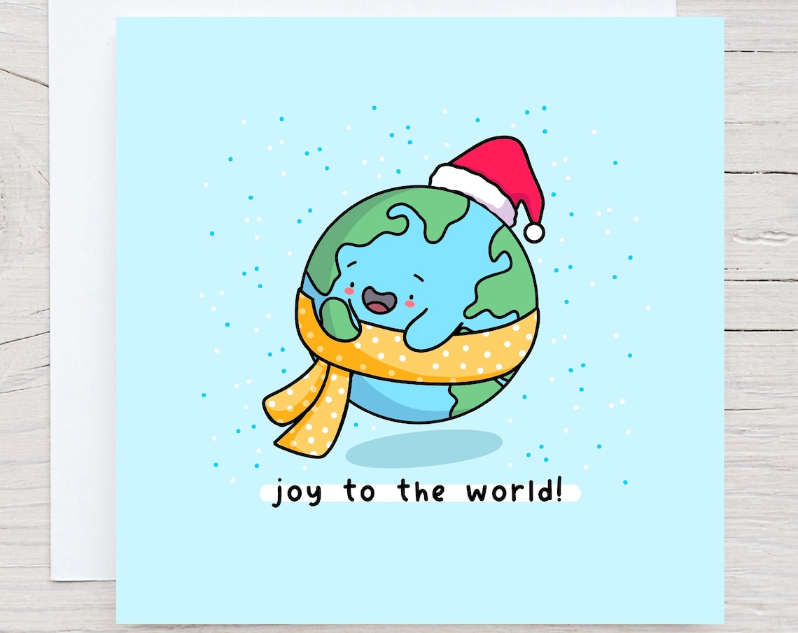 Joy To The World Cute Earth Globe Christmas Illustrated Card Print