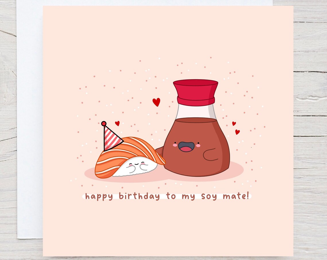 Happy Birthday To My Soy Mate Sushi Card Print On Blush Pink