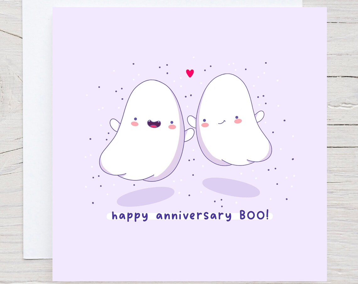 Happy Anniversary Boo Kawaii Ghost Couple Love Card Gift Poster