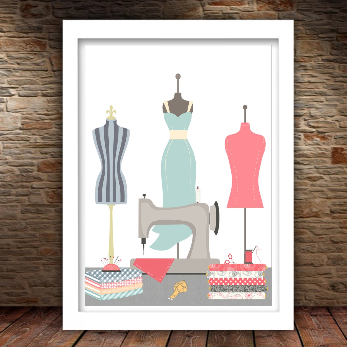 Sewing Room Dress Forms and Vintage Machine Illustration Art Poster - Image 2