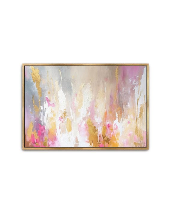 Hand Painted Abstract Acrylic Painting Large Artwork Wall Art Light Pastel Pink Beige White Ivory Purple Gold Textured Framed Decor