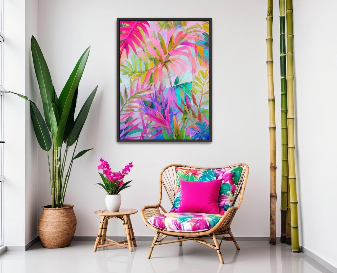 Hand Painted Abstract Acrylic Painting Large Artwork Wall Art Bright Rainbow Colorful Tropical Palm Leaves Textured Framed Decor - Image 4