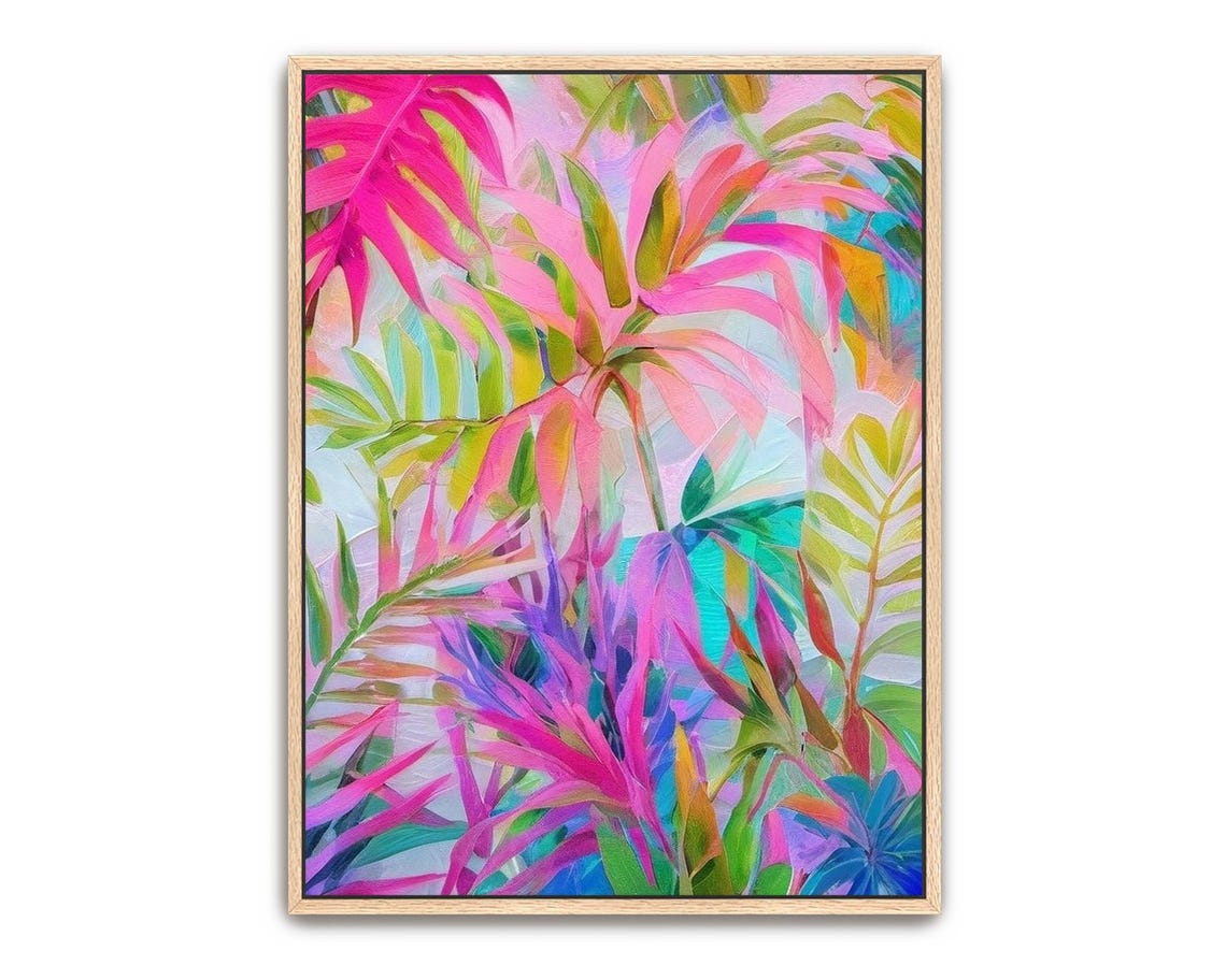 Hand Painted Abstract Acrylic Painting Large Artwork Wall Art Bright Rainbow Colorful Tropical Palm Leaves Textured Framed Decor