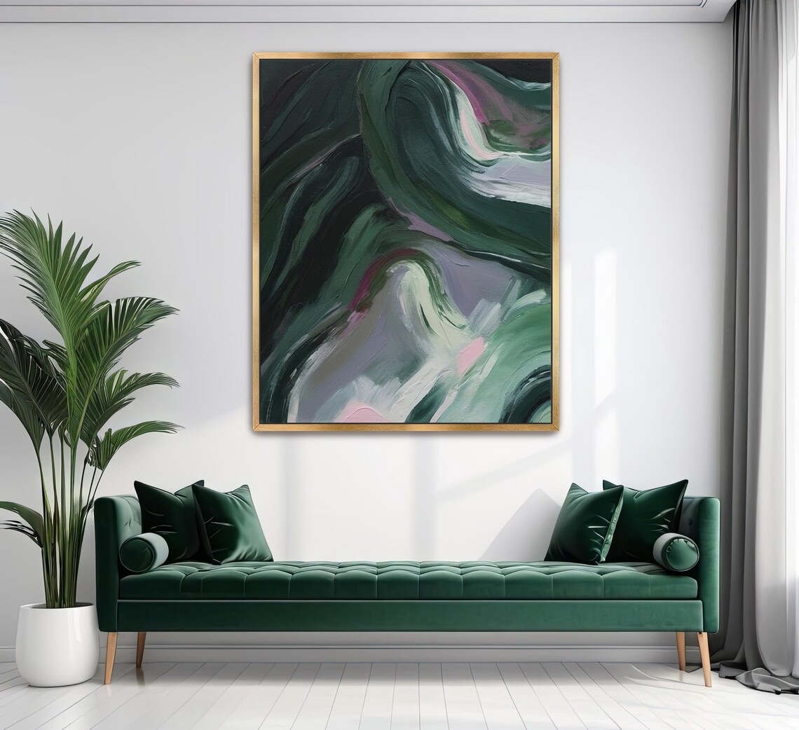 Hand Painted Abstract Acrylic Painting Large Artwork Wall Art Dark Green Turquoise Teal Forest Waves Textured Framed Wall Decor - Image 4