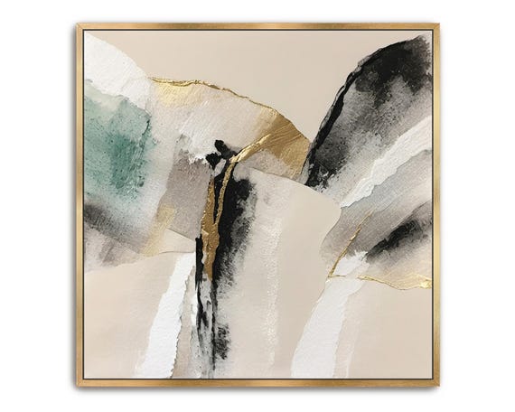 Hand Painted Abstract Acrylic Painting Large Artwork Wall Art Beige Ivory Gold Black Tan Teal White Textured Framed Wall Decor