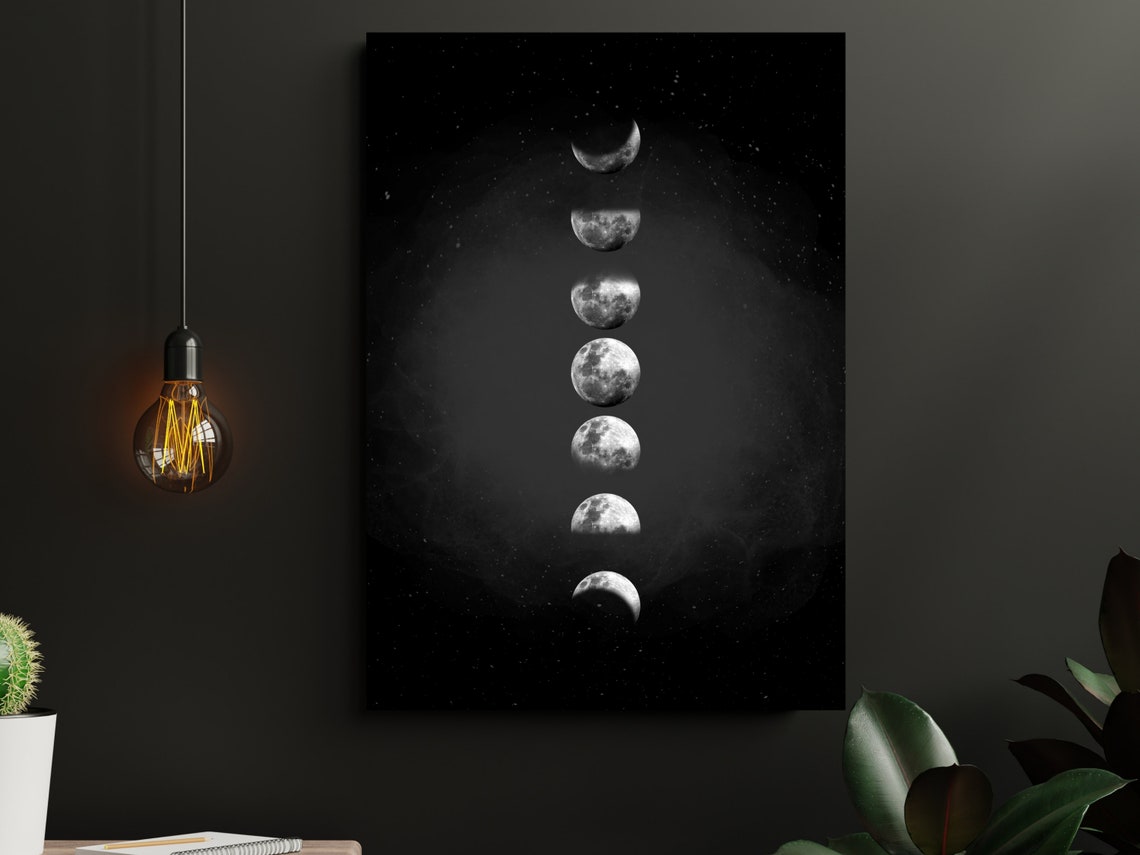 Black White Moon Phase Vertical Celestial Night Sky Art Poster - Image 2