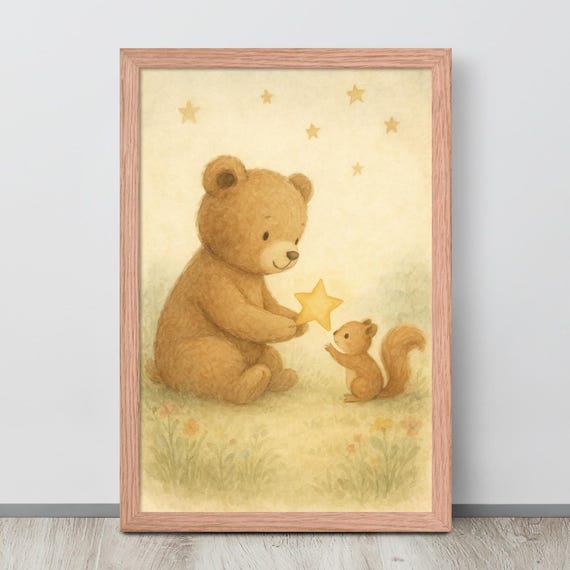 Teddy Bear and Squirrel, Baby Nursery Decor Art Print