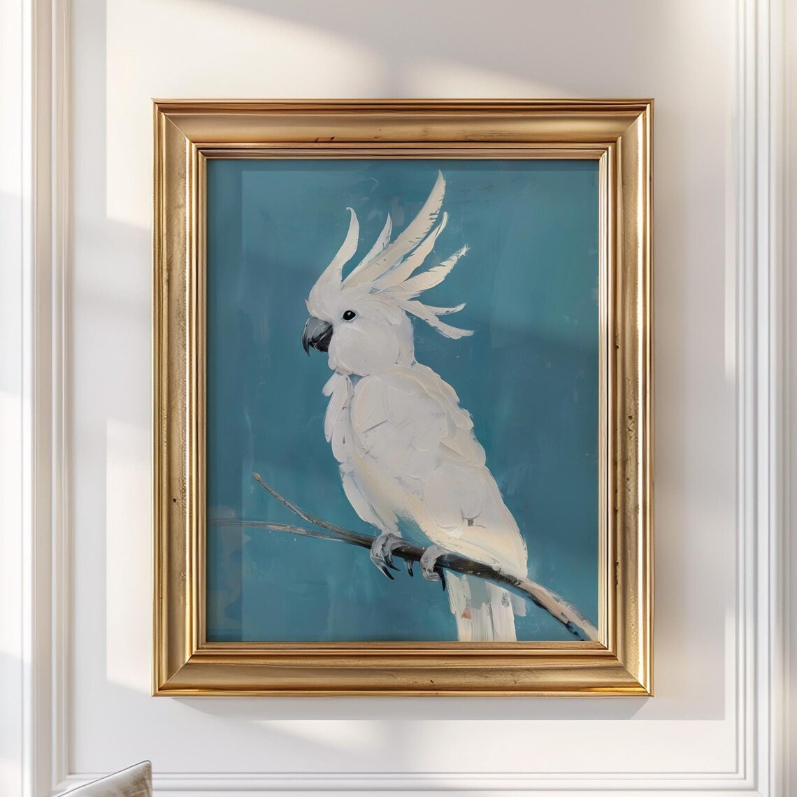White Cockatoo Perched on a Branch Against Blue Painting Poster - Image 4