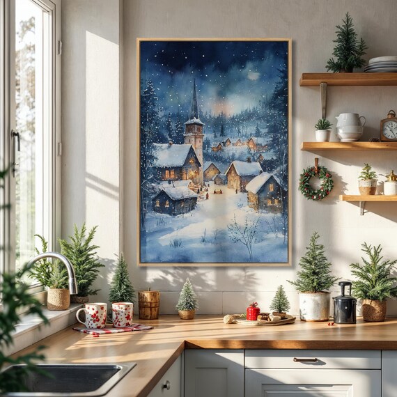 Snowy Christmas Village Night Scene With Church Watercolor Poster
