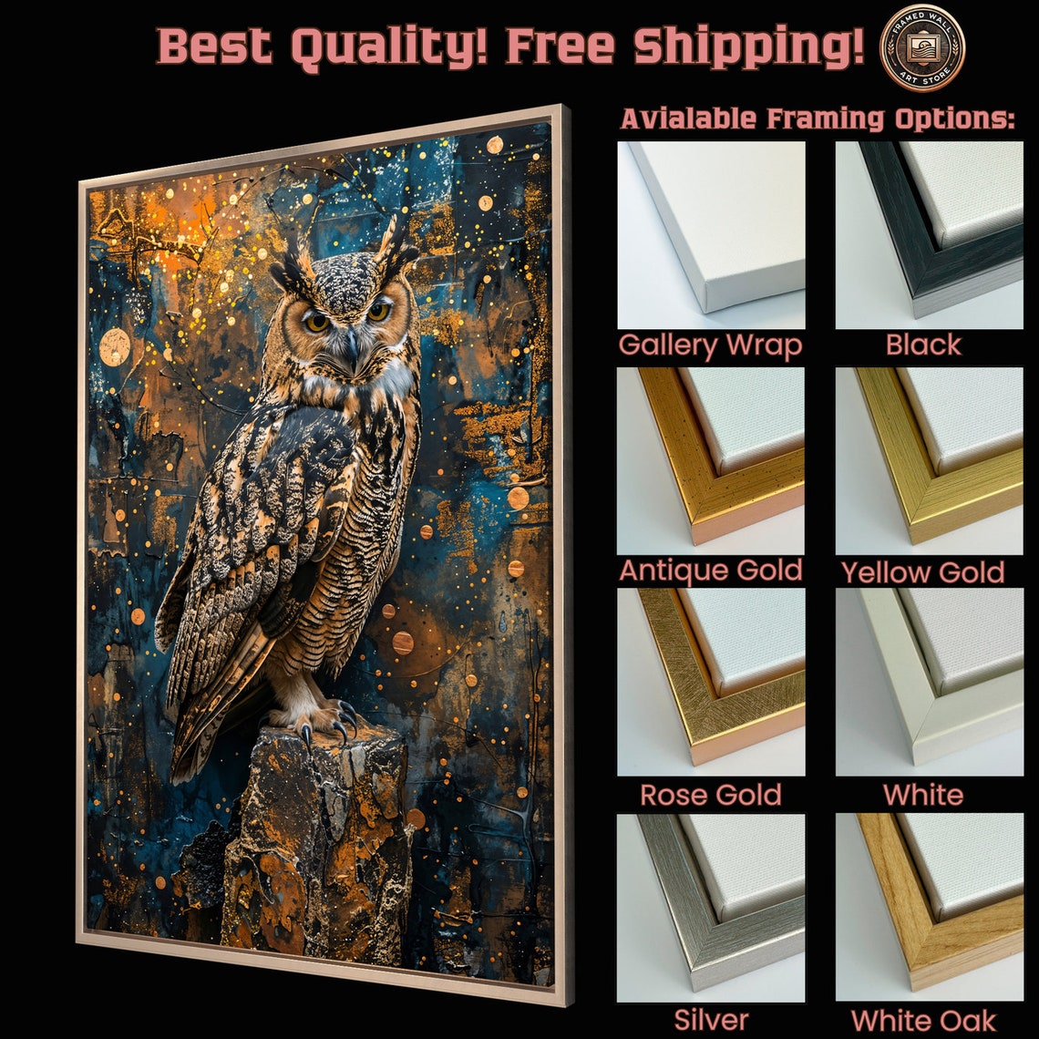 Great Horned Owl Perched On Stump In Teal And Gold Abstract Poster - Image 5