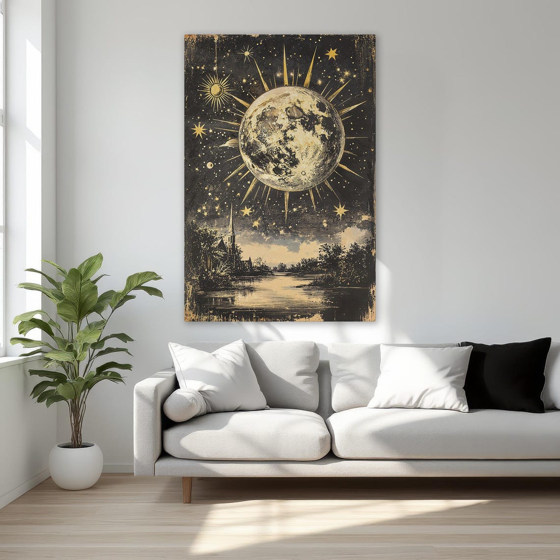 Gold Full Moon Starry Night Sky Surreal Landscape Canvas Poster